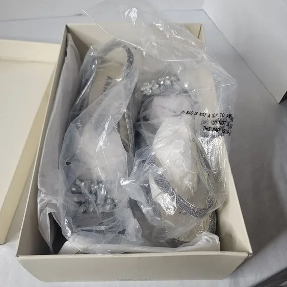 Anne Klein Women's Size 6 Metallic Silver Helissa Embellished Slingback Sandals - Picture 9 of 10